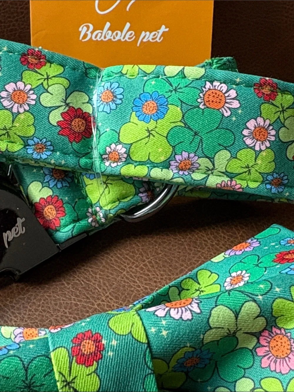 Green Clover Pattern Adjustable Dog Collar with Removable Bow